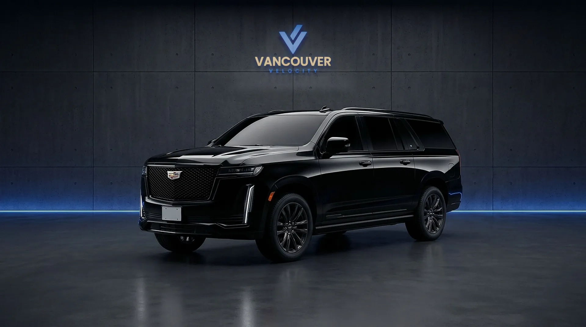 Black 2025 Cadillac Escalade ESV rental in Vancouver, front three-quarter view