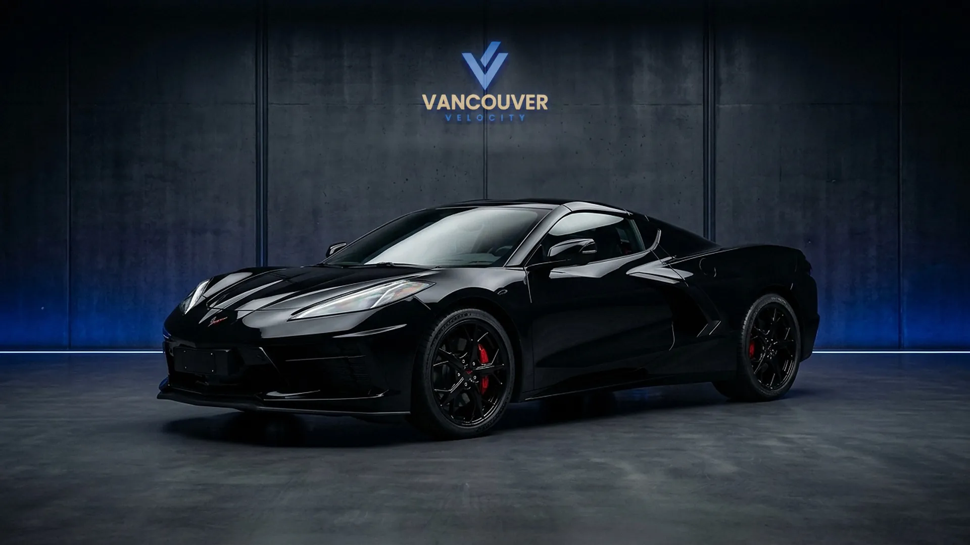 Black Chevrolet Corvette C8 rental in Vancouver, front three-quarter view