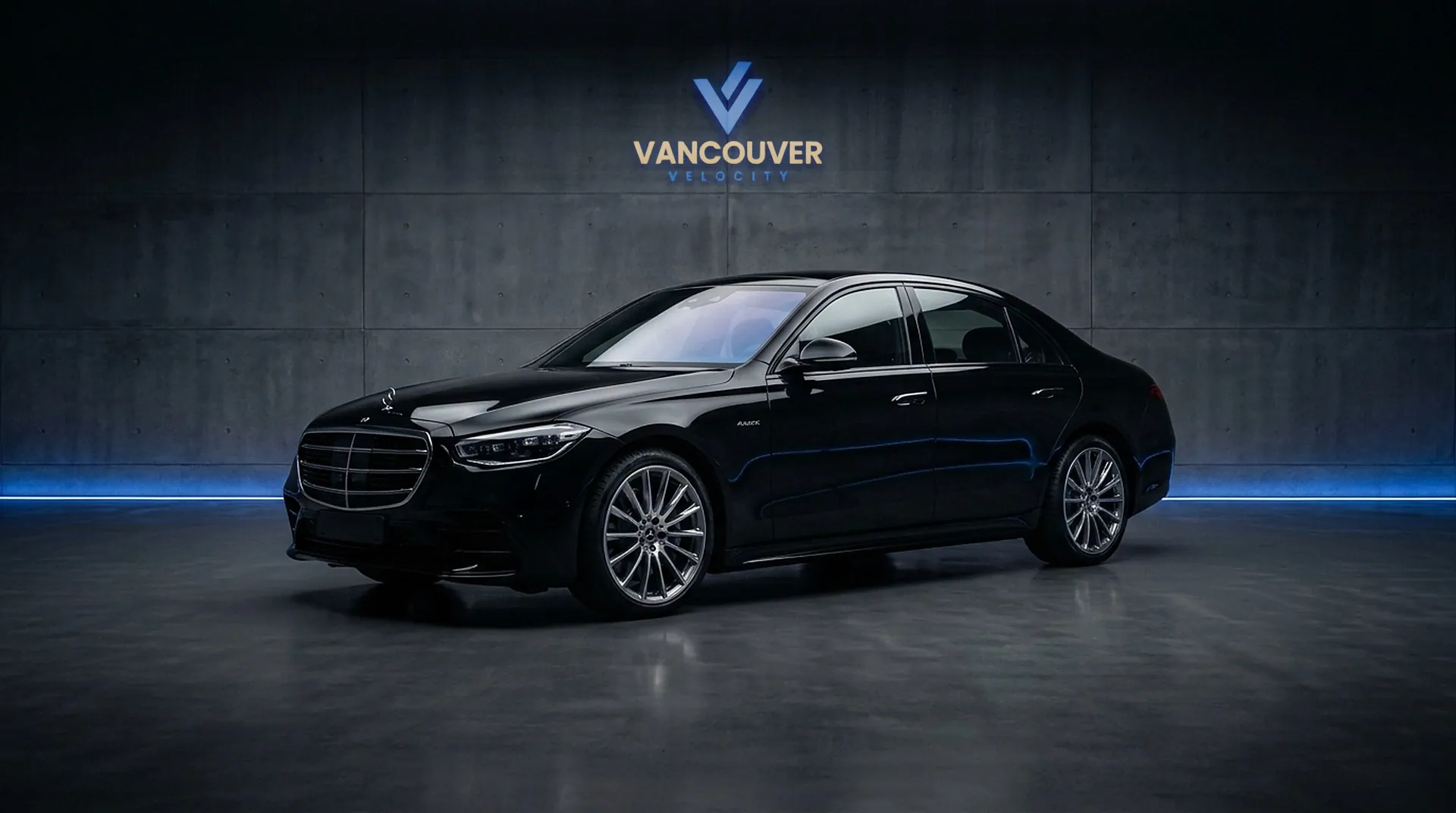 Black Mercedes-Benz S580 rental in Vancouver, front three-quarter view
