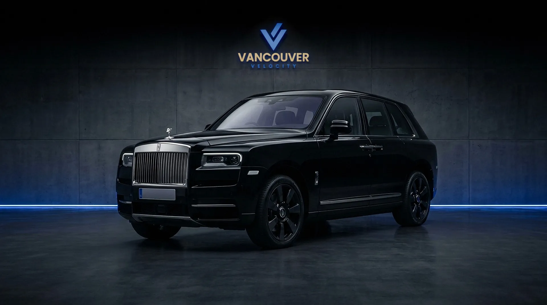 Black Rolls-Royce Cullinan rental in Vancouver, front three-quarter view
