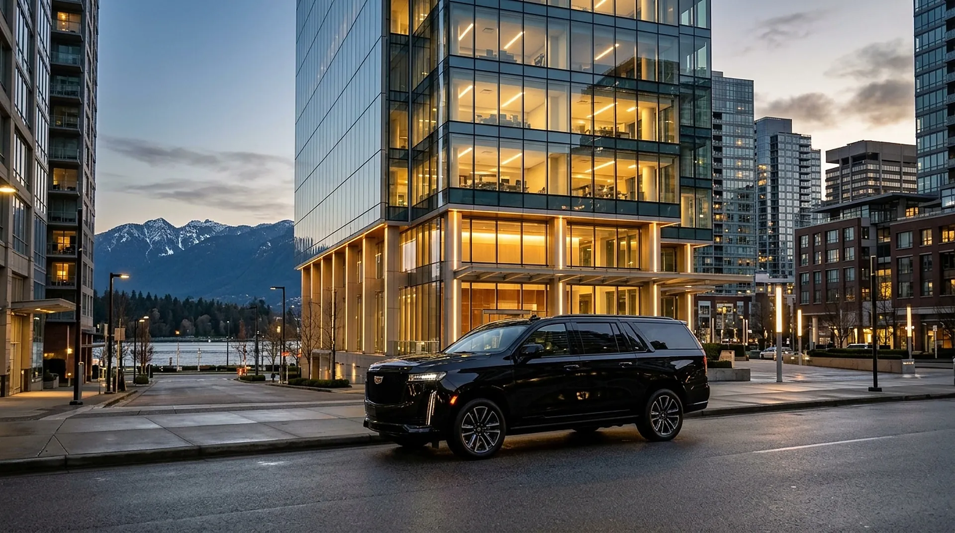 Black Cadillac Escalade ESV outside a glass office tower in downtown Vancouver