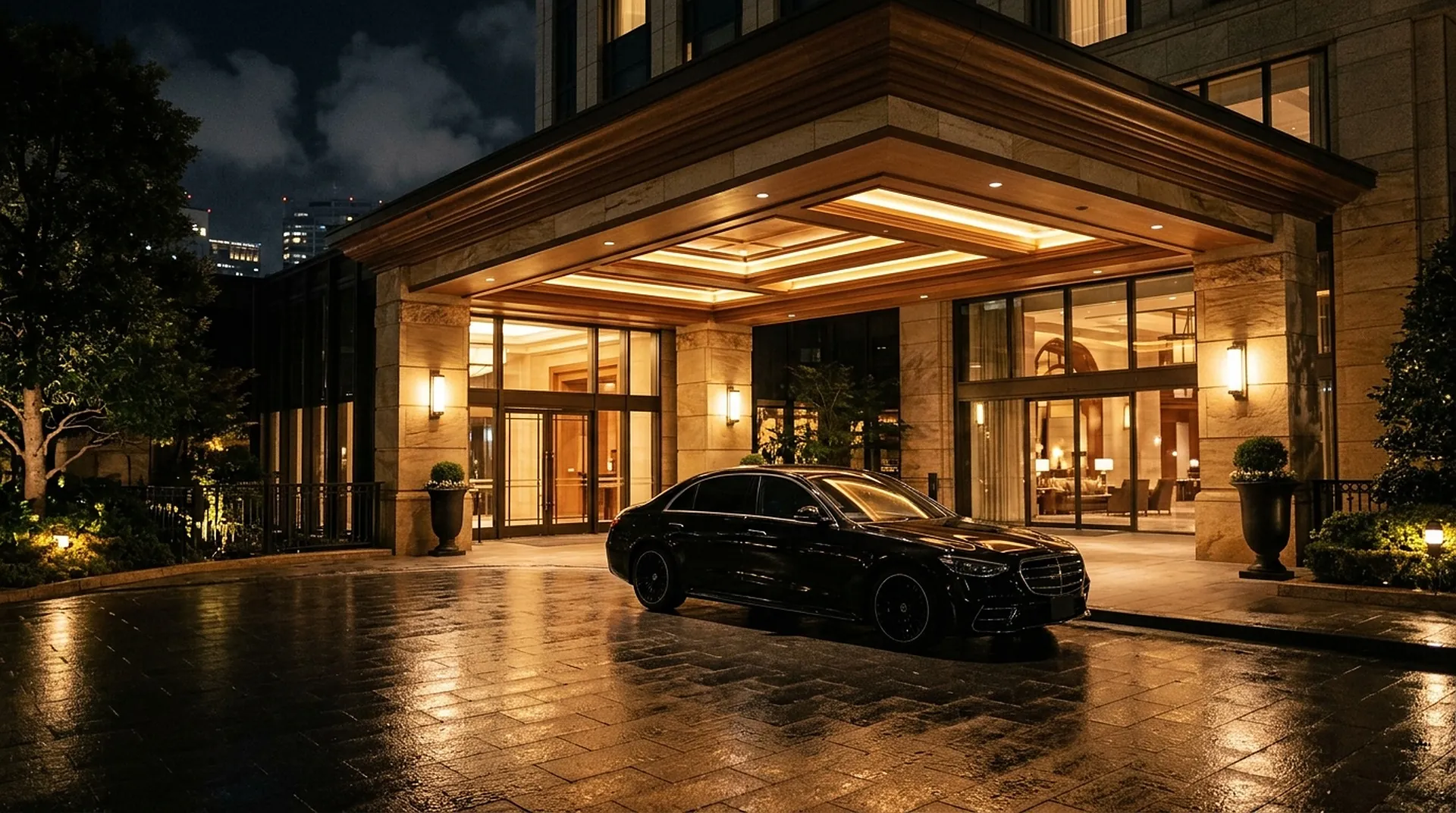 Black Mercedes-Benz S-Class waiting at a luxury hotel entrance in Vancouver at night