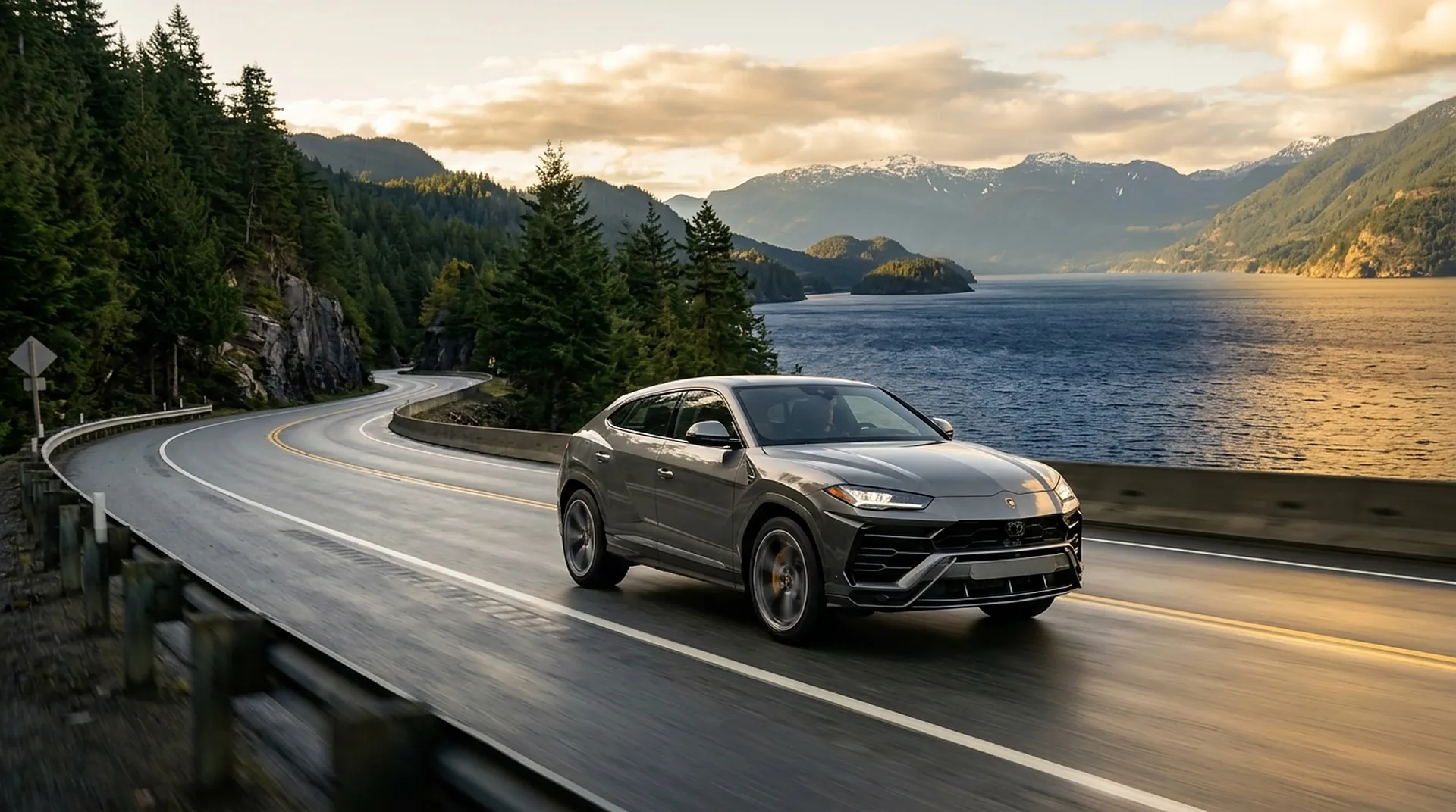 Grey Lamborghini Urus driving the Sea-to-Sky Highway above Howe Sound