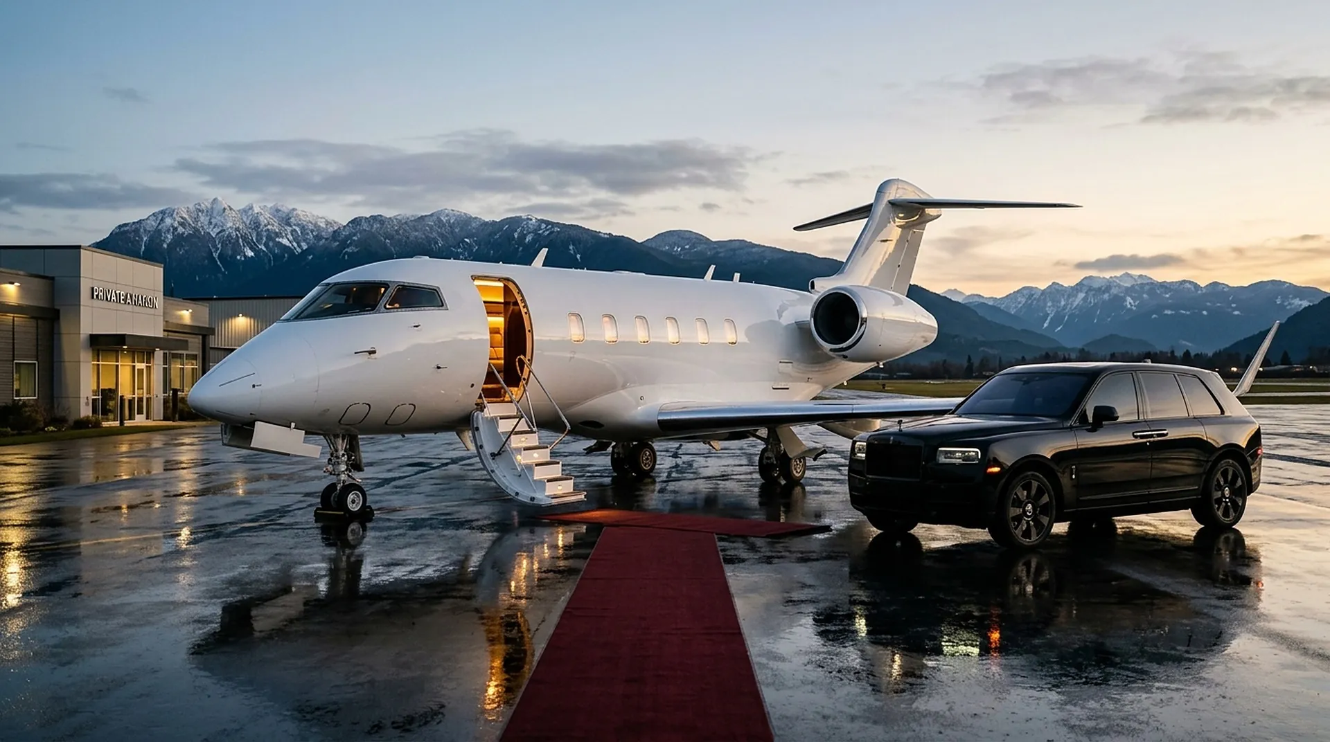 Private jet on the apron at dusk with a black Rolls-Royce Cullinan waiting beside it