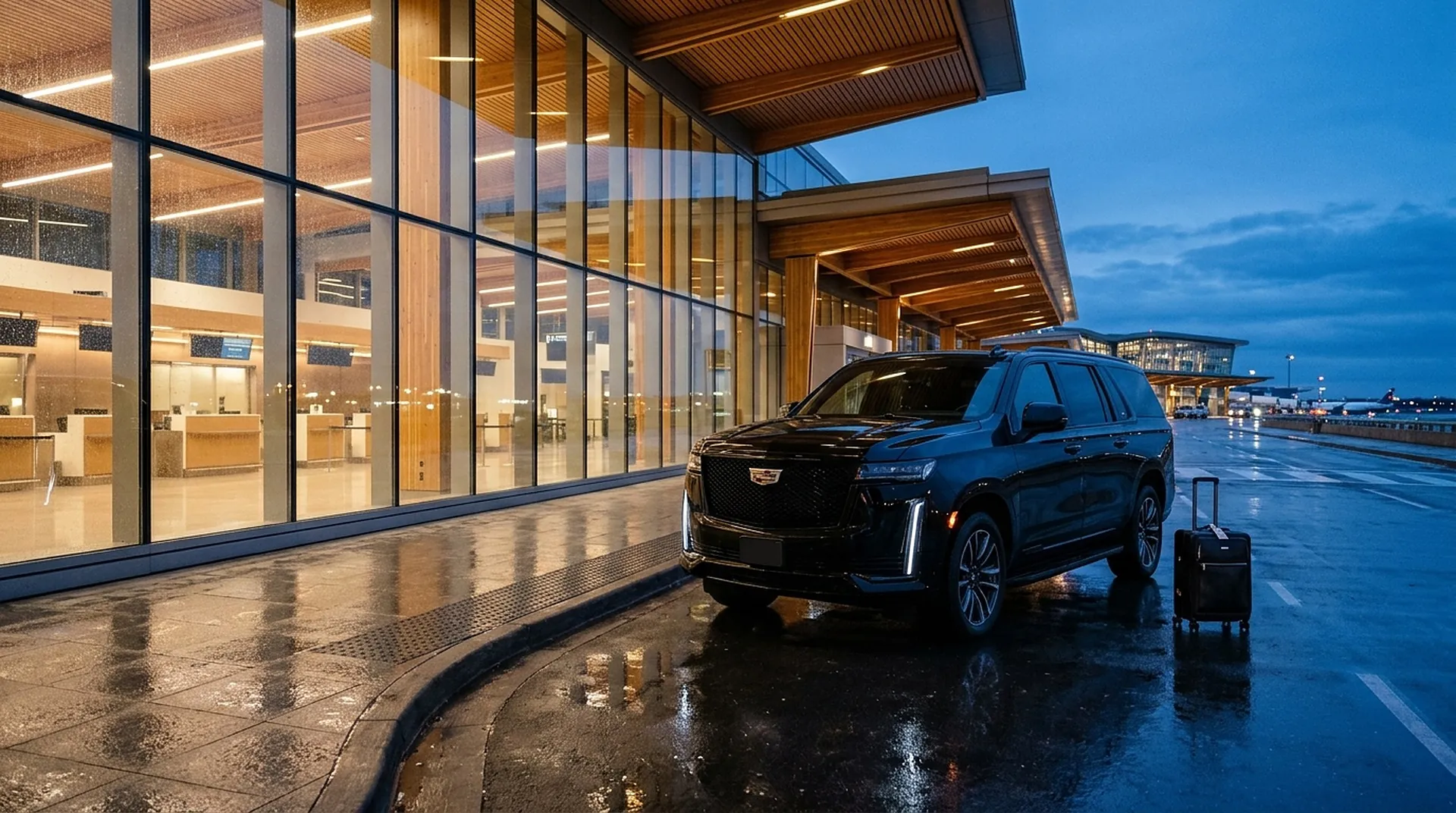 Black Cadillac Escalade ESV waiting at the arrivals curb at Vancouver International Airport (YVR)