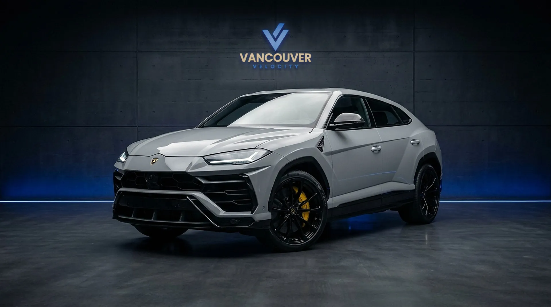 Grey Lamborghini Urus rental in Vancouver, front three-quarter view