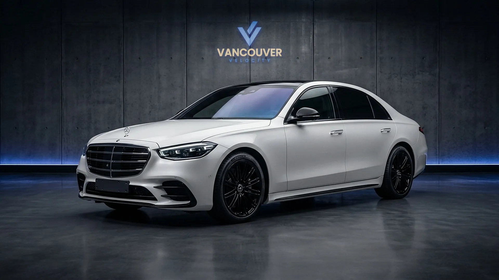 White Mercedes-Benz S580 rental in Vancouver, front three-quarter view